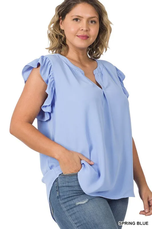 Zenanan Plus Size Woven Wool Peach Ruffled Sleeve Hi-Low Womens Top 4Colors