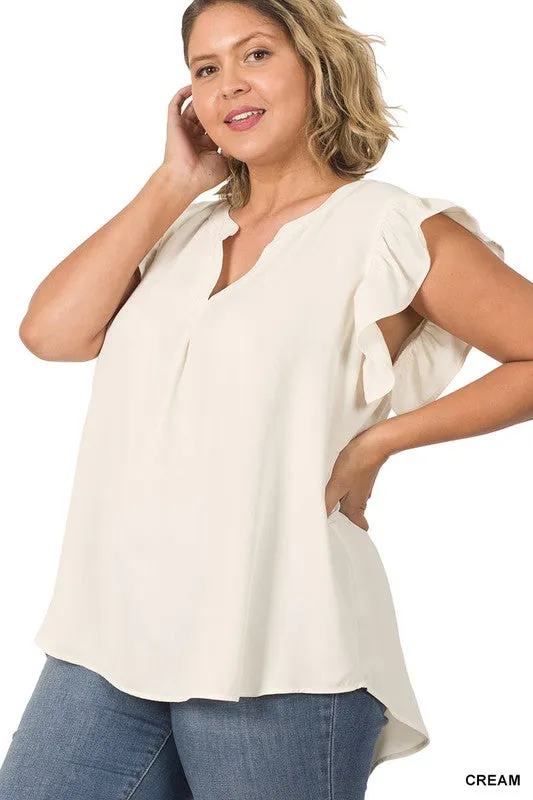 Zenanan Plus Size Woven Wool Peach Ruffled Sleeve Hi-Low Womens Top 4Colors
