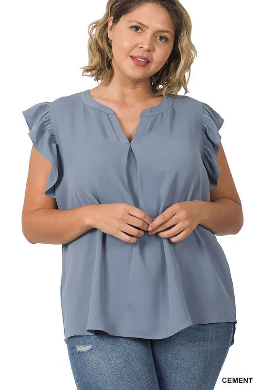 Zenanan Plus Size Woven Wool Peach Ruffled Sleeve Hi-Low Womens Top 4Colors