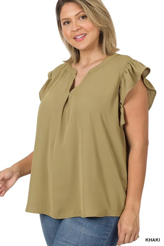 Zenanan Plus Size Woven Wool Peach Ruffled Sleeve Hi-Low Womens Top 4Colors