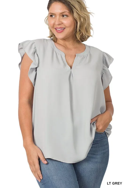Zenanan Plus Size Woven Wool Peach Ruffled Sleeve Hi-Low Womens Top 4Colors