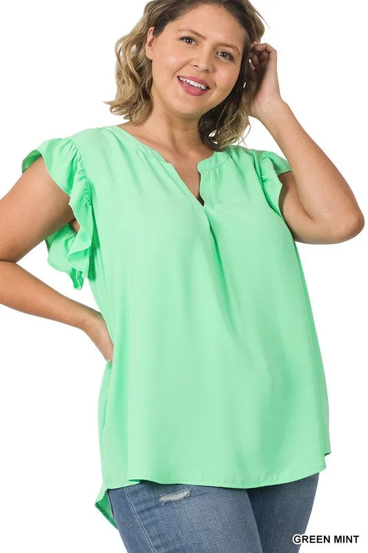 Zenanan Plus Size Woven Wool Peach Ruffled Sleeve Hi-Low Womens Top 4Colors