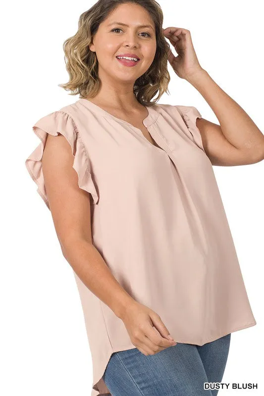 Zenanan Plus Size Woven Wool Peach Ruffled Sleeve Hi-Low Womens Top 4Colors