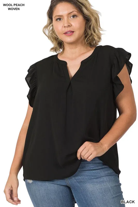 Zenanan Plus Size Woven Wool Peach Ruffled Sleeve Hi-Low Womens Top 4Colors