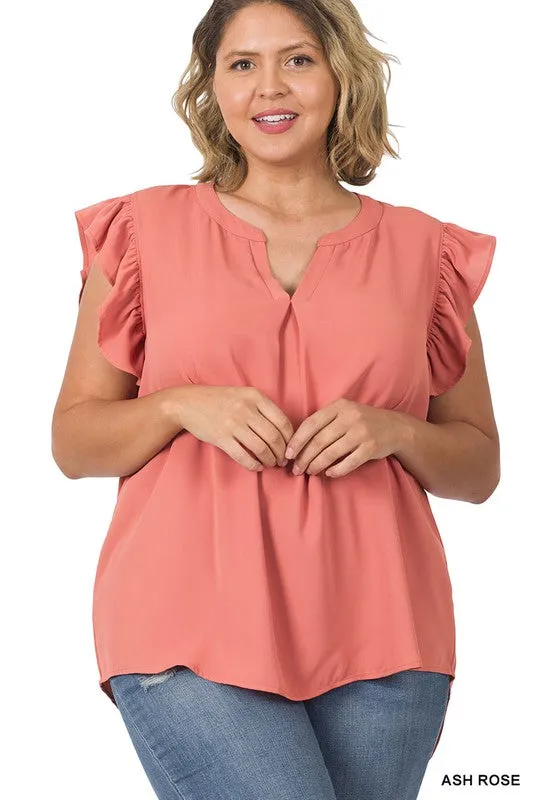 Zenanan Plus Size Woven Wool Peach Ruffled Sleeve Hi-Low Womens Top 4Colors
