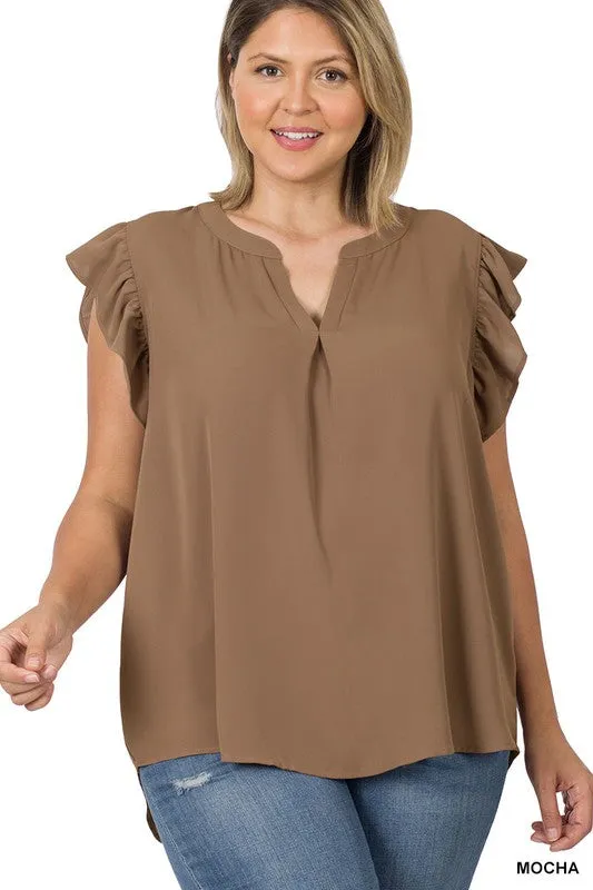 Zenanan Plus Size Woven Wool Peach Ruffled Sleeve Hi-Low Womens Top 4Colors