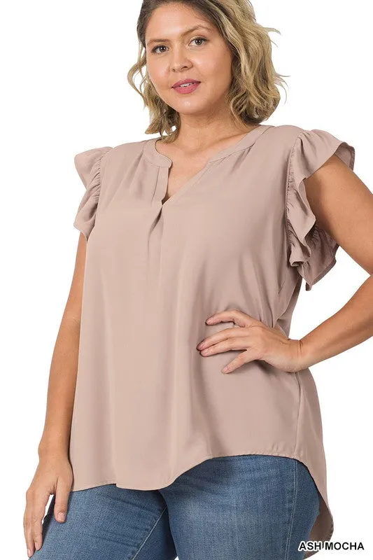 Zenanan Plus Size Woven Wool Peach Ruffled Sleeve Hi-Low Womens Top 4Colors