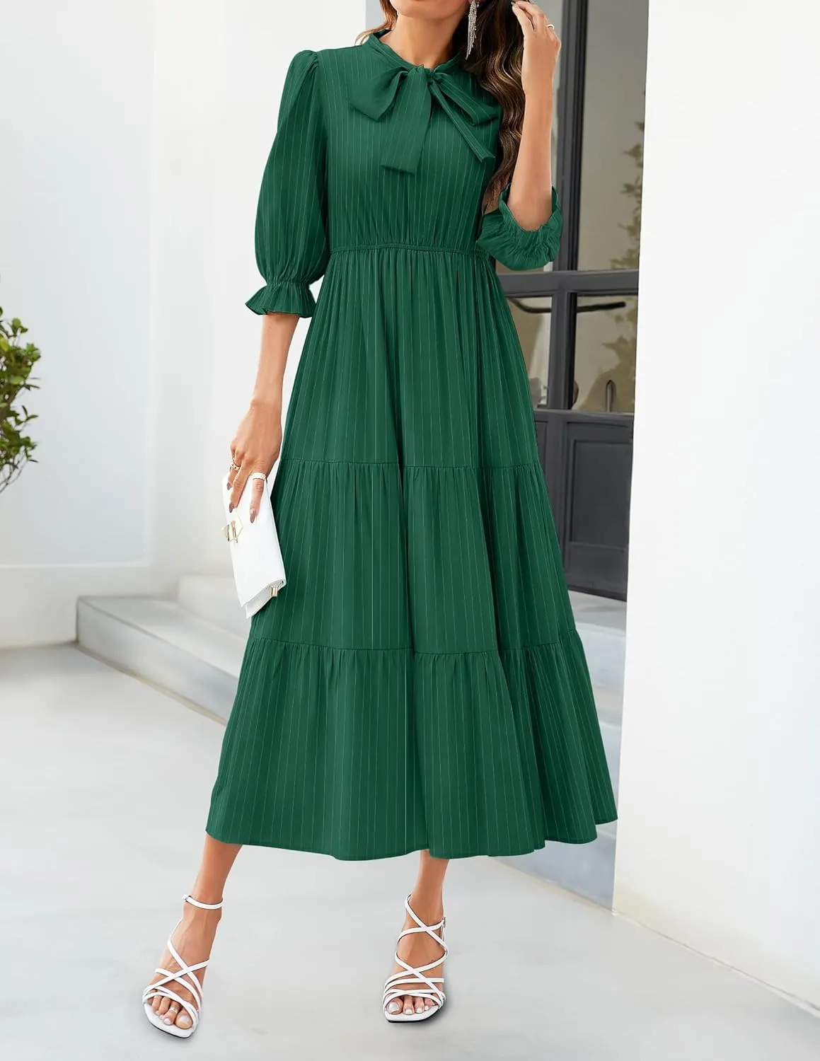 ZESICA Women's Casual Half Sleeve Tie V Neck Elastic High Waist Solid Color Flowy Tiered A Line Beach Party Maxi Dress
