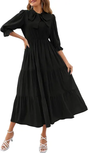 ZESICA Women's Casual Half Sleeve Tie V Neck Elastic High Waist Solid Color Flowy Tiered A Line Beach Party Maxi Dress