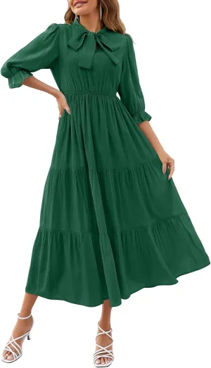 ZESICA Women's Casual Half Sleeve Tie V Neck Elastic High Waist Solid Color Flowy Tiered A Line Beach Party Maxi Dress