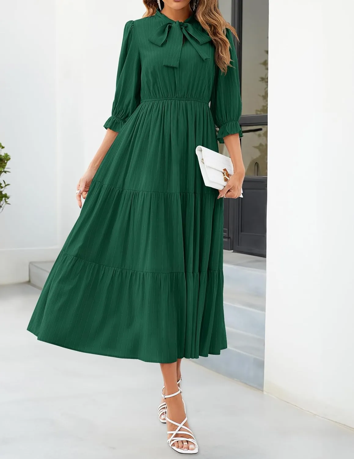 ZESICA Women's Casual Half Sleeve Tie V Neck Elastic High Waist Solid Color Flowy Tiered A Line Beach Party Maxi Dress
