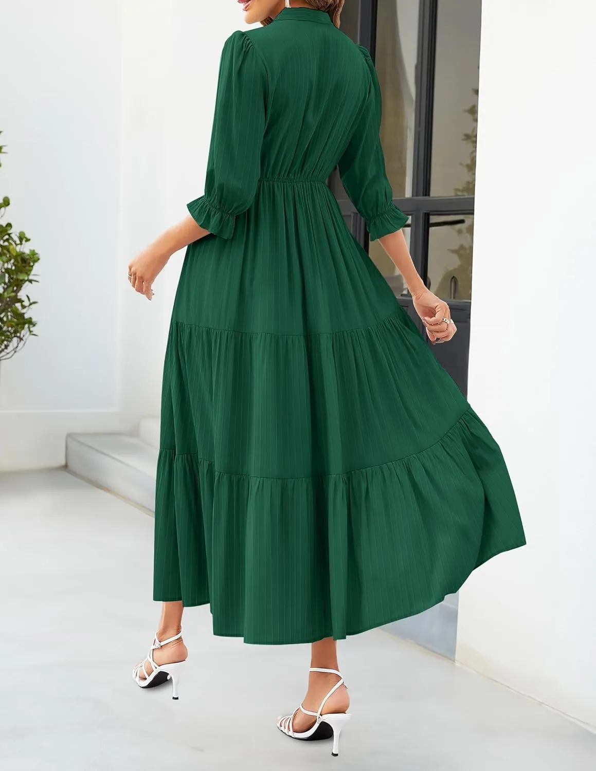 ZESICA Women's Casual Half Sleeve Tie V Neck Elastic High Waist Solid Color Flowy Tiered A Line Beach Party Maxi Dress
