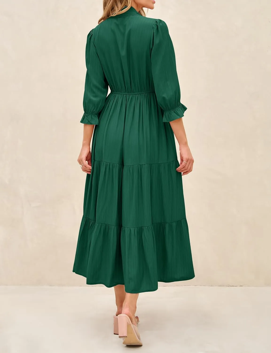 ZESICA Women's Casual Half Sleeve Tie V Neck Elastic High Waist Solid Color Flowy Tiered A Line Beach Party Maxi Dress