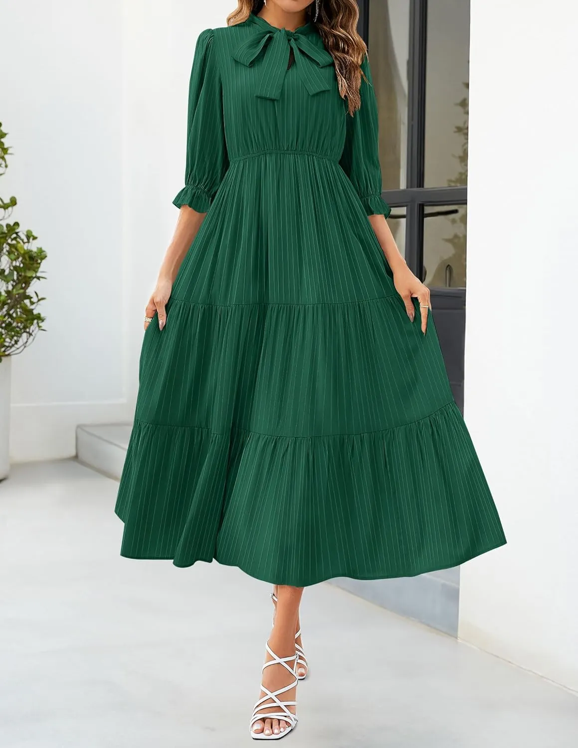 ZESICA Women's Casual Half Sleeve Tie V Neck Elastic High Waist Solid Color Flowy Tiered A Line Beach Party Maxi Dress