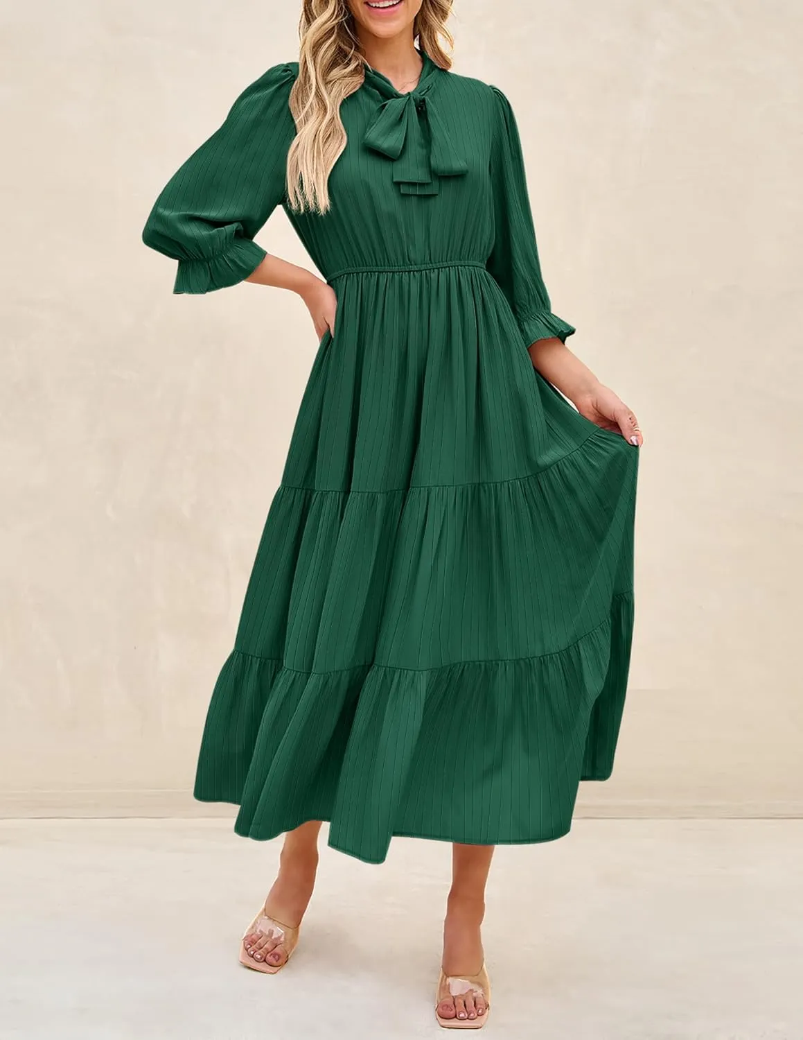 ZESICA Women's Casual Half Sleeve Tie V Neck Elastic High Waist Solid Color Flowy Tiered A Line Beach Party Maxi Dress